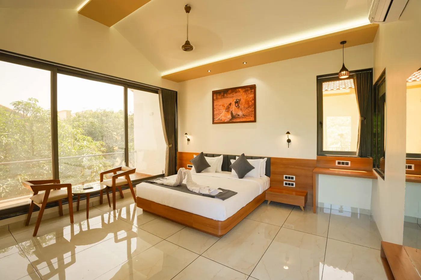 Girtara guest room with king bed and garden-facing window