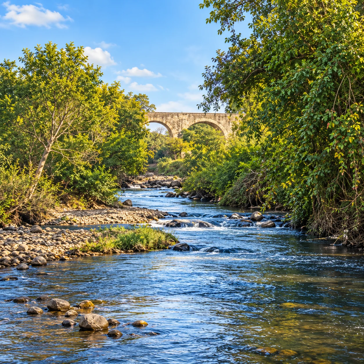 Illustrative river scene beneath stone arches; location unverified